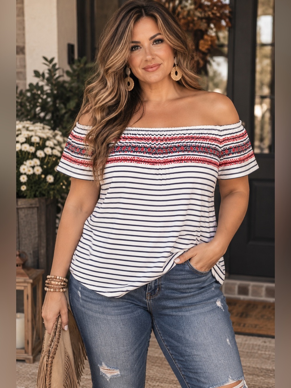 THML Mirah Off The Shoulder Embroidered Knit Top EUC